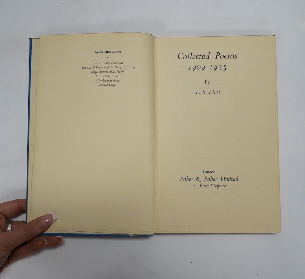 Eliot, T.S – Dante, 2nd impression, 8vo, cloth in d/j, Faber & Faber, London, 1930; Four Quartets, 2nd impression, cloth in d/j, Faber & Faber, London, 1944; The Rock, 2nd impression, boards, no d/j, Faber & Faber, 1934;